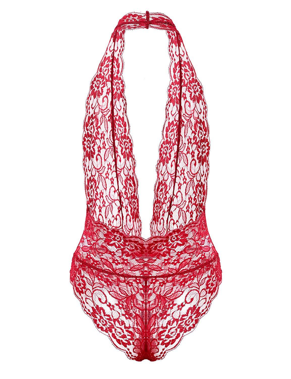 Red V Neck Lace Backless Bodysuit