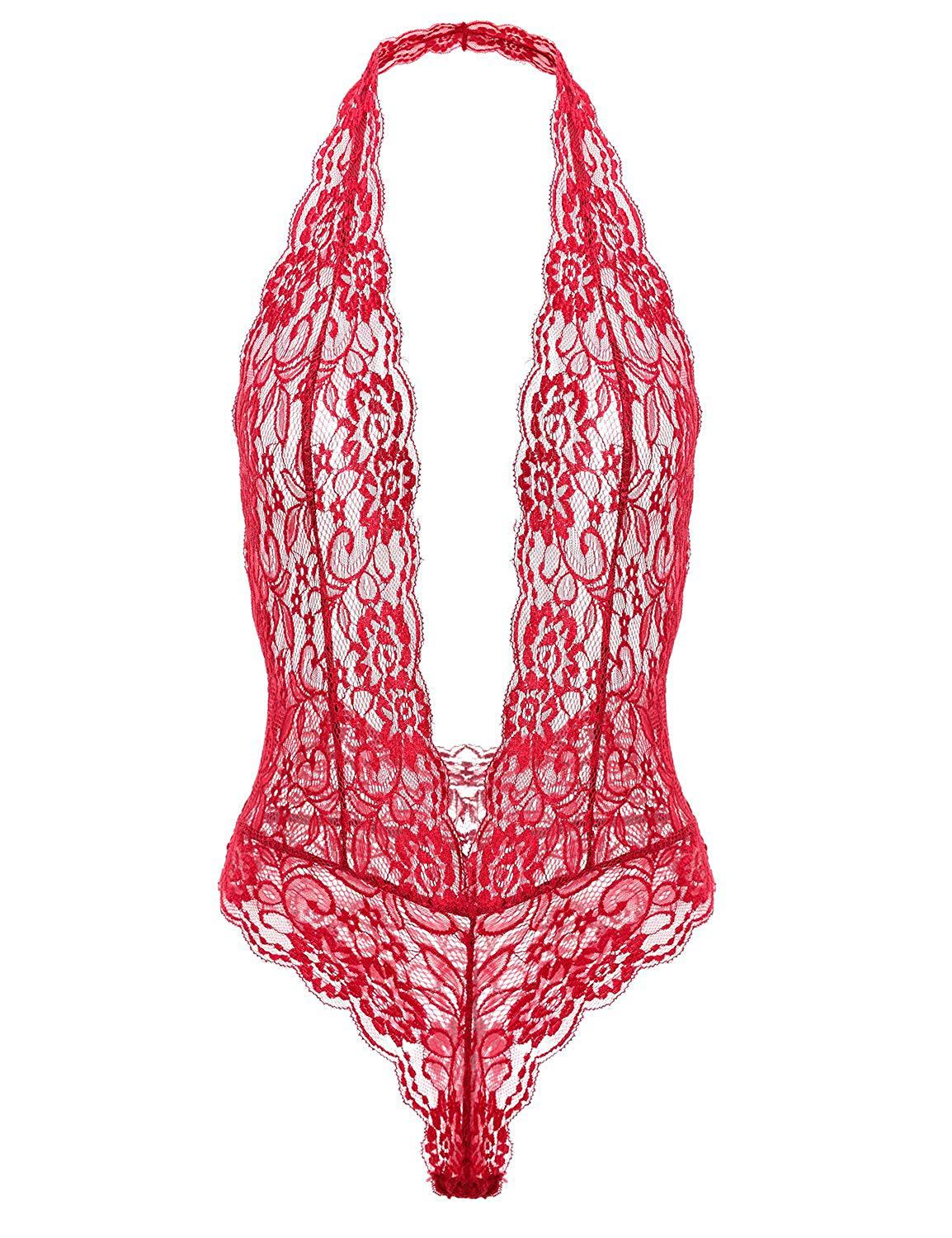 Red V Neck Lace Backless Bodysuit
