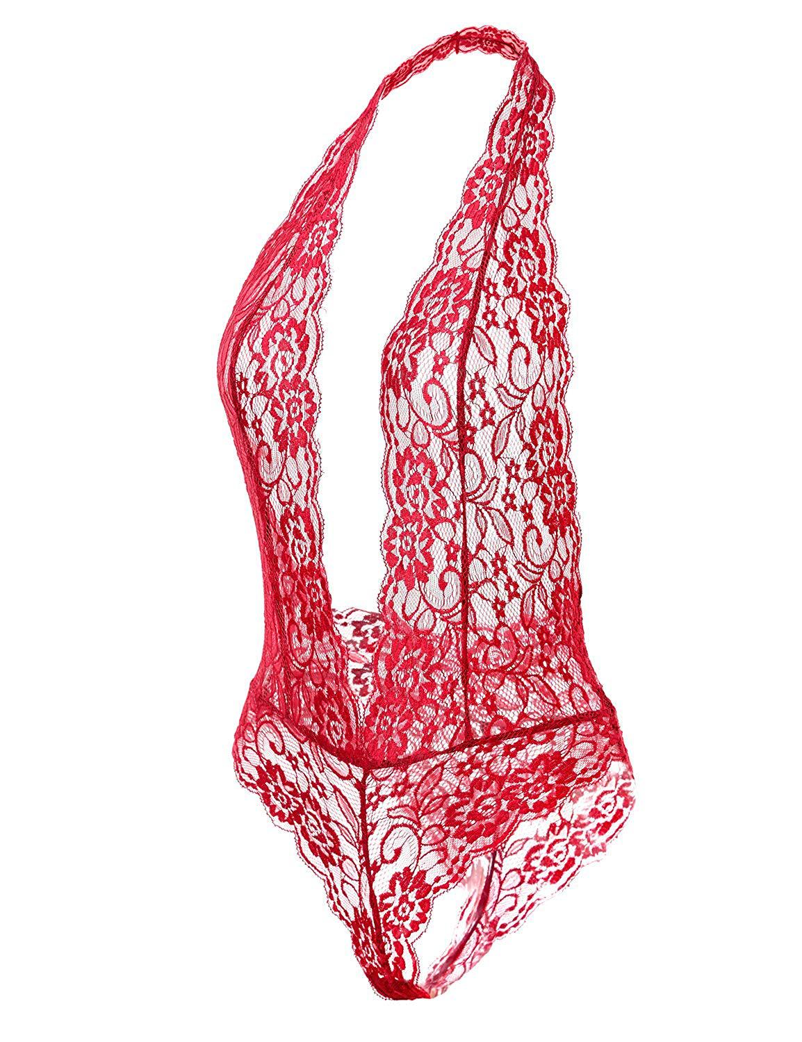 Red V Neck Lace Backless Bodysuit
