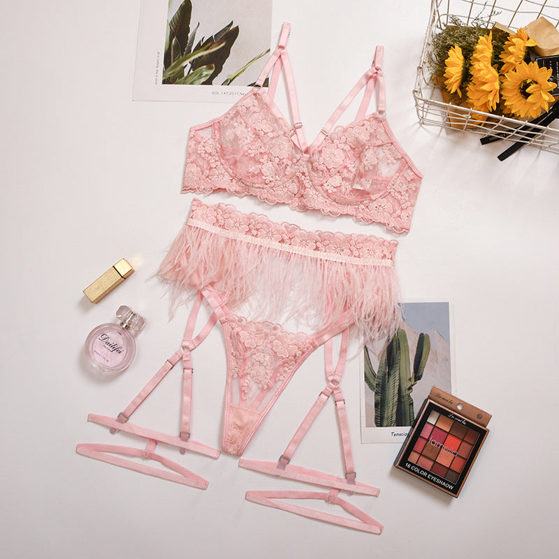 Lacey Pink Sexy Three Piece Lingerie