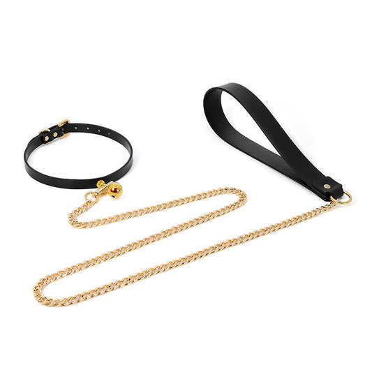 Black and Gold Contrast Faux Leather Collar and Leash