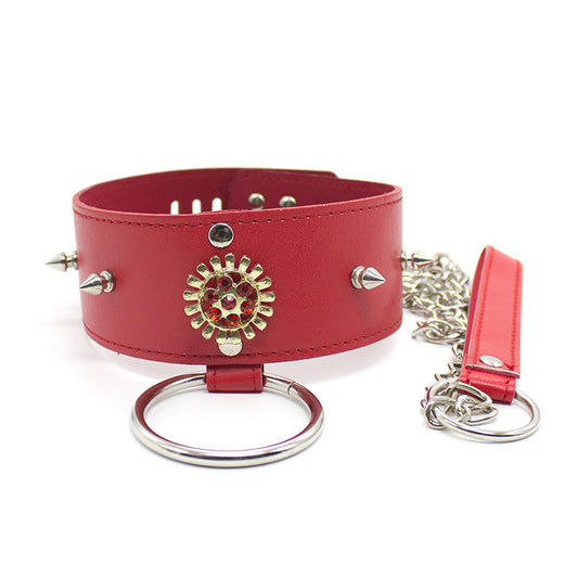 Studded Gold and Red Jewel Faux Leather Collar and Lead