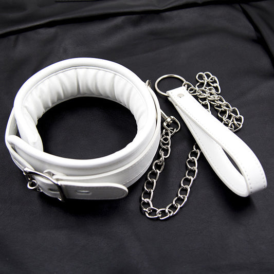 White Padded Leather Collar and Chained Leash