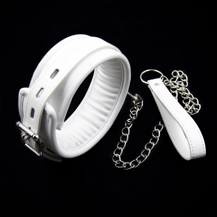 White Padded Leather Collar and Chained Leash