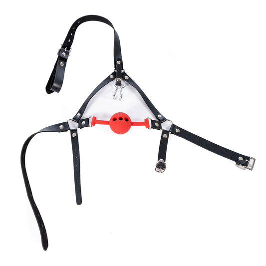 Bondage Head Harness with Vented Ball Gag and Nostril Hook