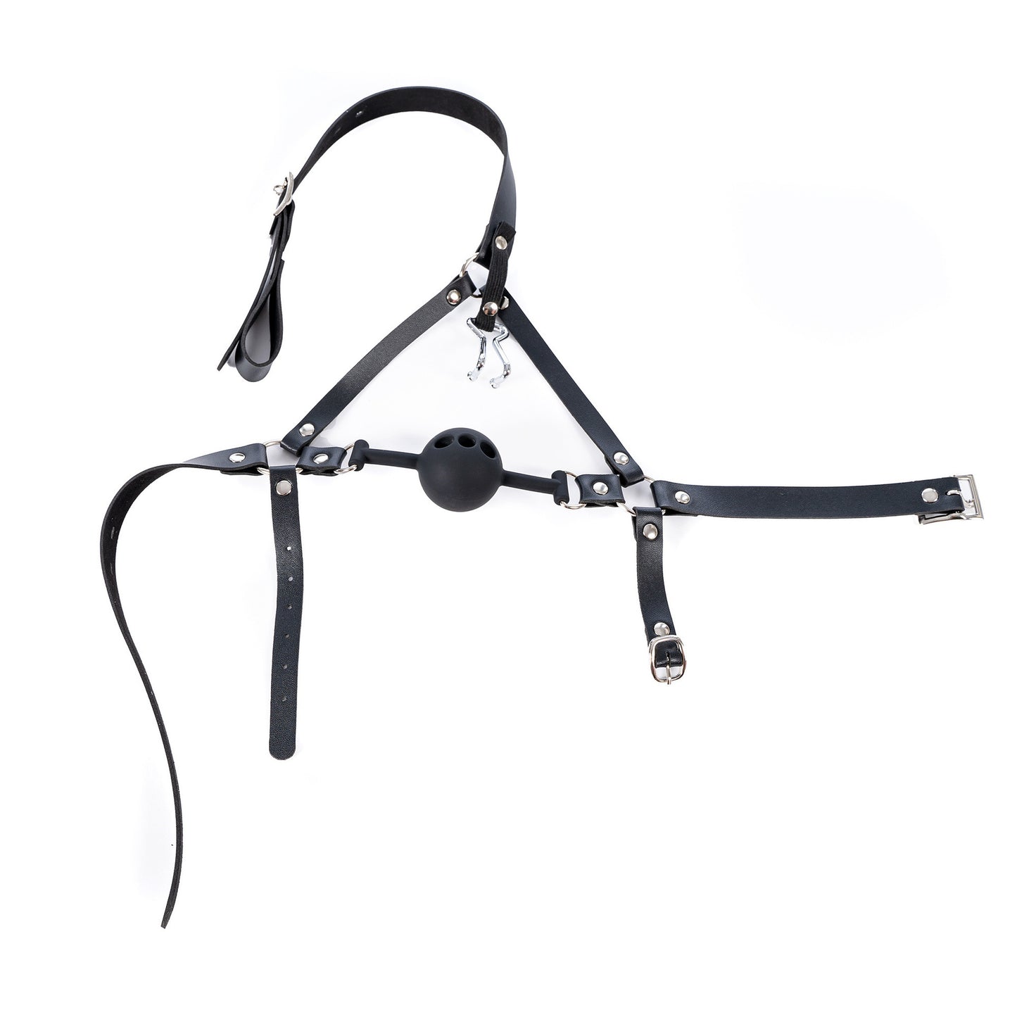 Bondage Head Harness with Vented Ball Gag and Nostril Hook