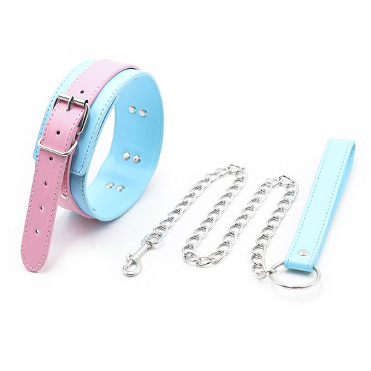 Bow To Me Pink and Blue PU Collar and Leash