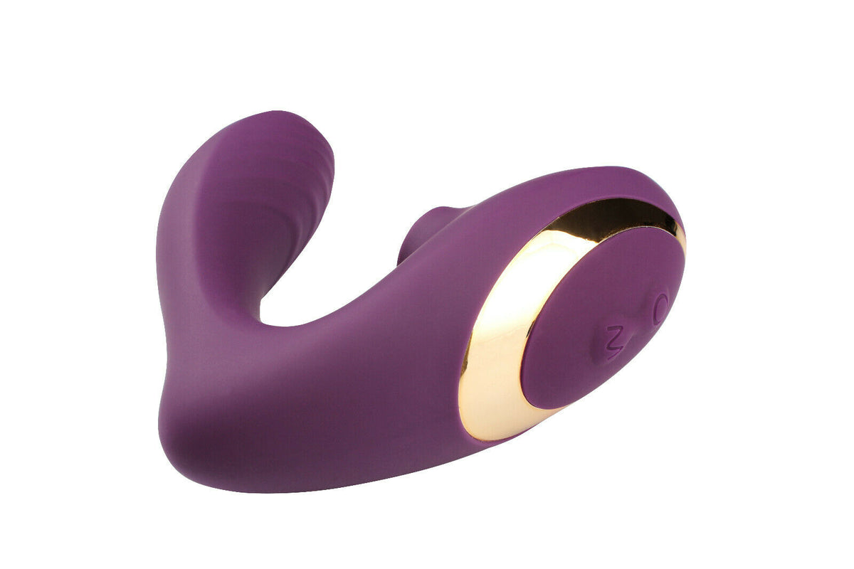Double Ended Vibrator Curved G-Spot & Clitoral Sucking Vibrating Dildo Purple