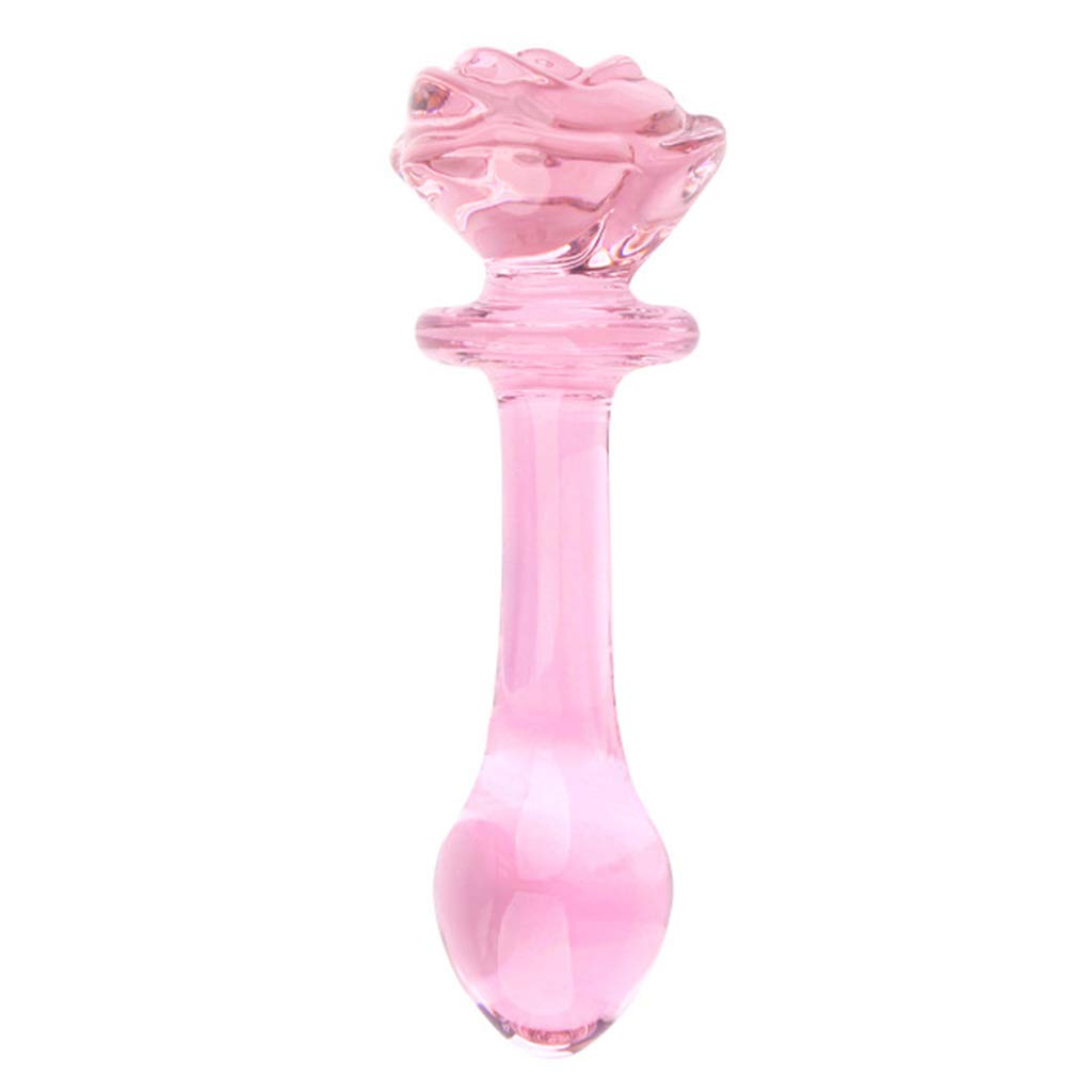 Smooth Pink Bulbous End Glass Dildo for Couples with Rose Flower Base