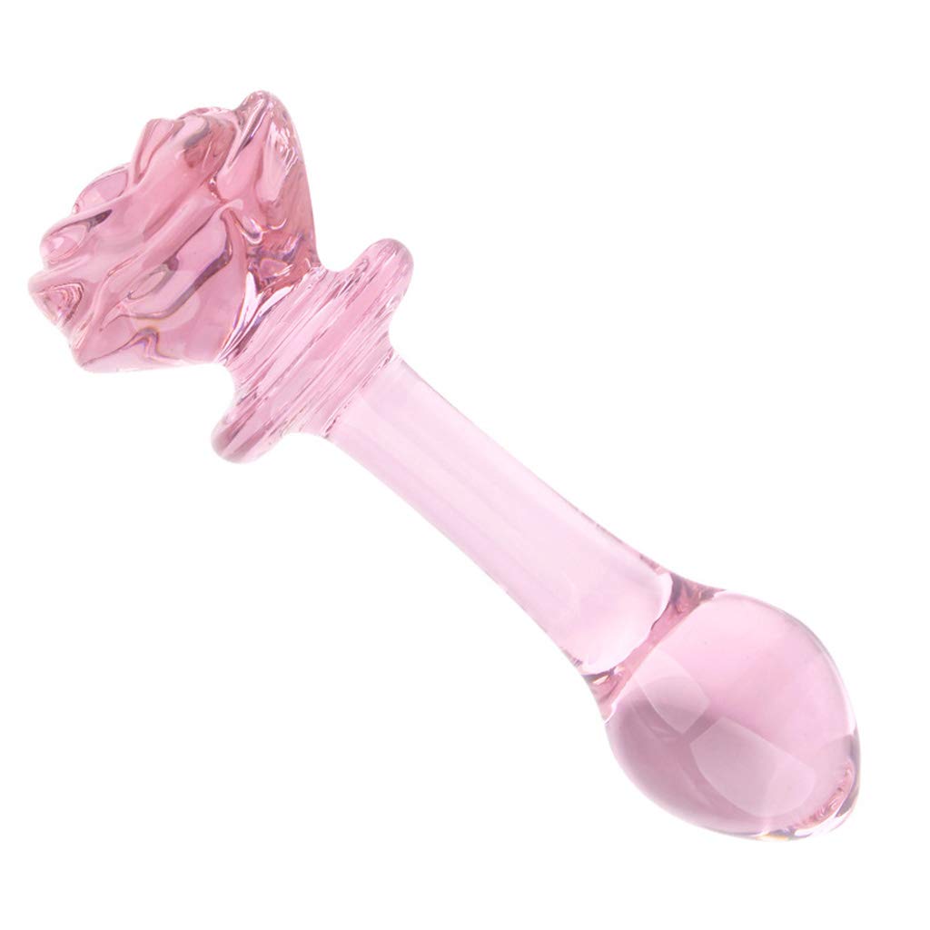 Smooth Pink Bulbous End Glass Dildo for Couples with Rose Flower Base