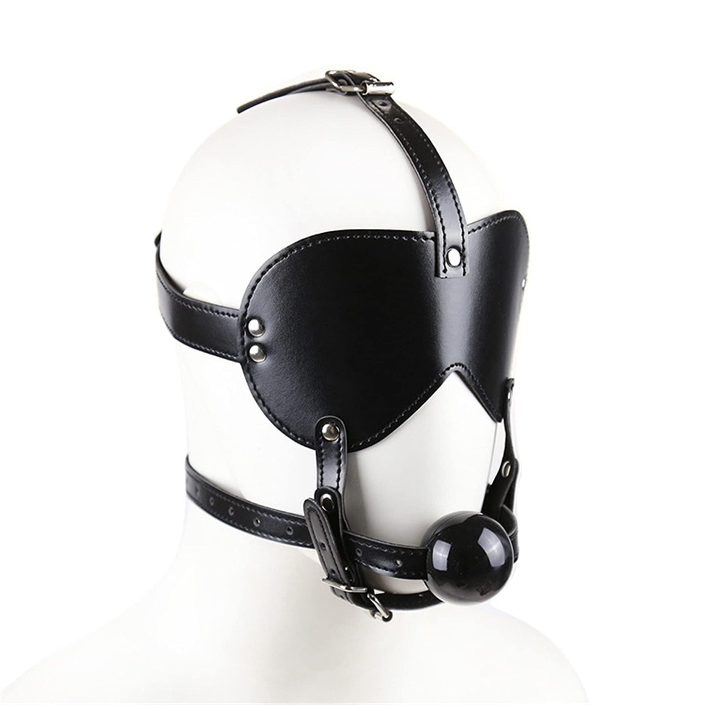 Black Faux Leather Blindfold Head Harness with an incorporated Ball Gag