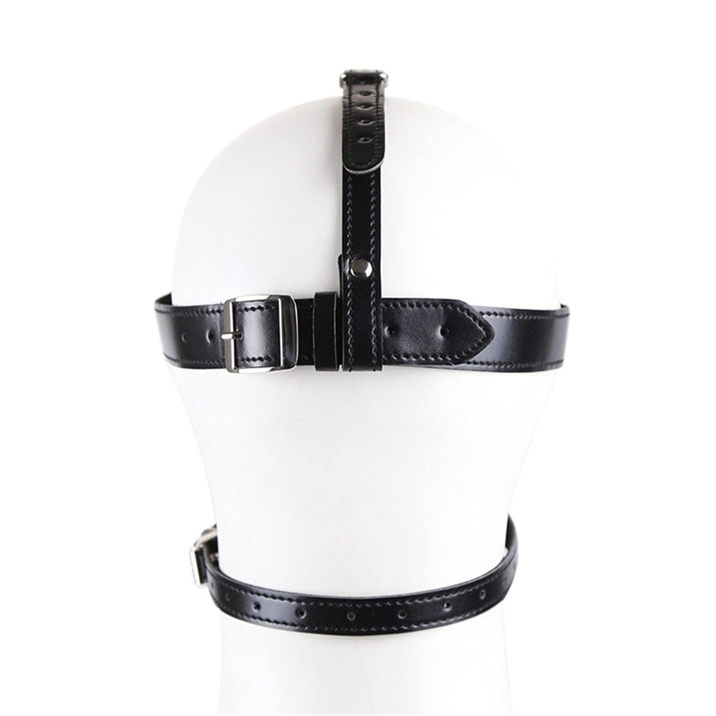 Black Faux Leather Blindfold Head Harness with an incorporated Ball Gag