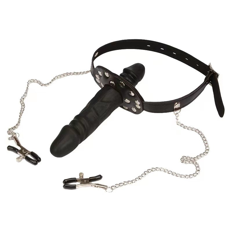 Double Dildo Mouth Gag with Nipple Chains