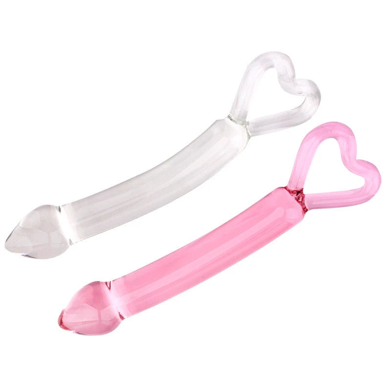 Curved Glass Dildo Sex Toy with Heart Shaped Handle and Tapered Tip