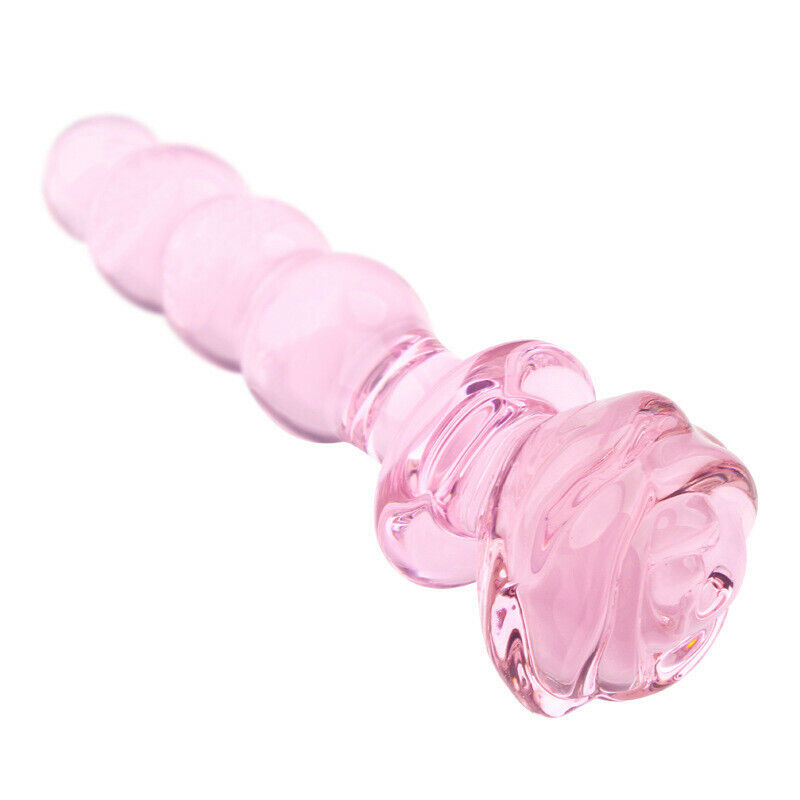 Graduated Beaded Glass Rose Dildo with Pink Flower Base Detailing