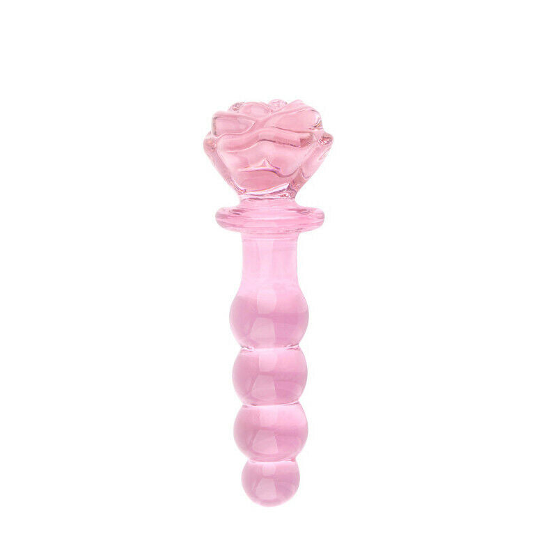 Graduated Beaded Glass Rose Dildo with Pink Flower Base Detailing