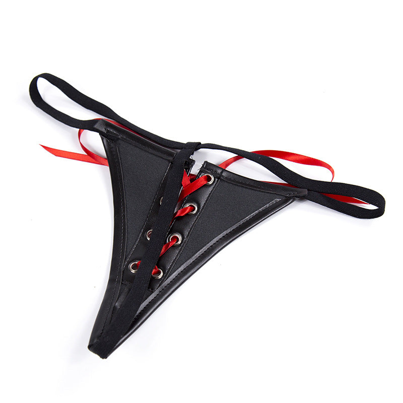 PU Leather Black and Red Ribbon Knickers