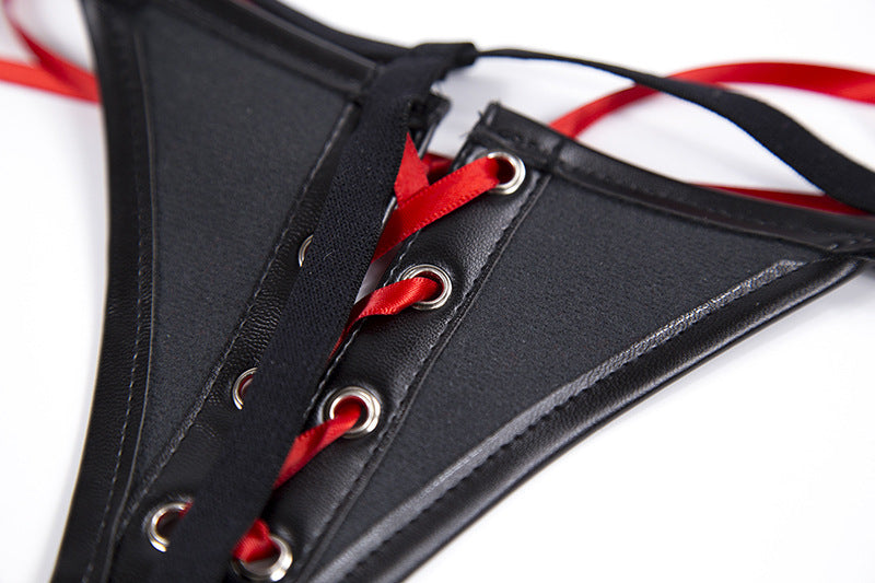 PU Leather Black and Red Ribbon Knickers