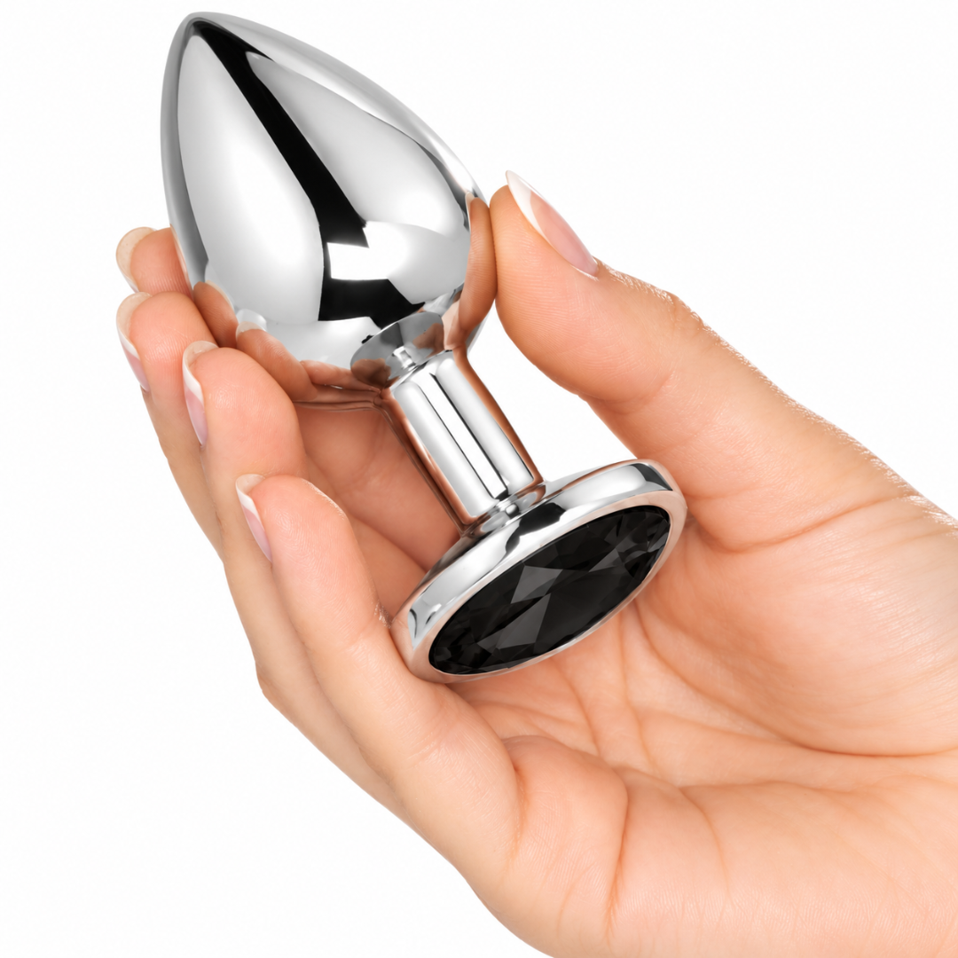 Butt Plug Large Silver Tone with Black Faceted Base 9.5cm 148g Adult Toy
