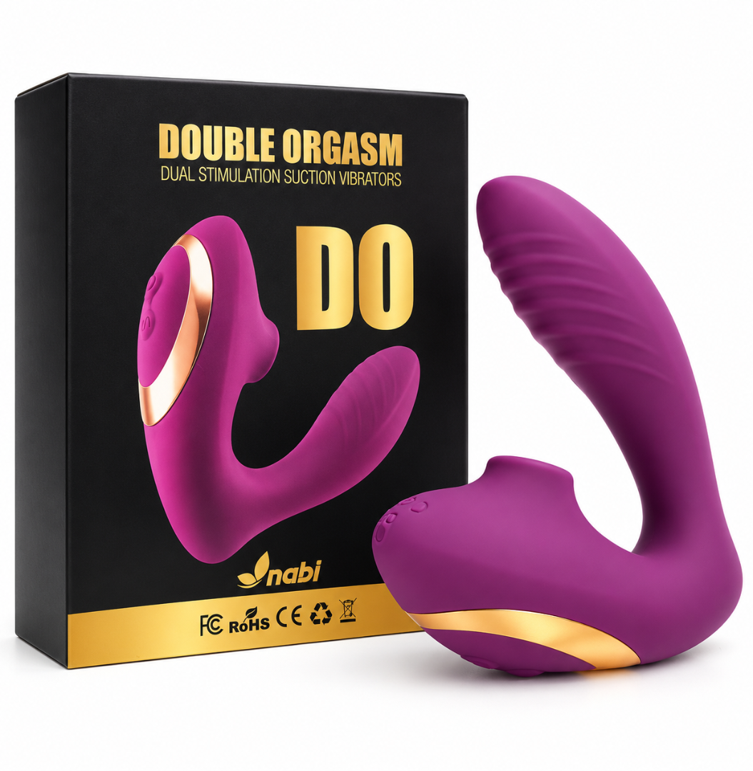 Double Ended Vibrator Curved G-Spot & Clitoral Sucking Vibrating Dildo Purple