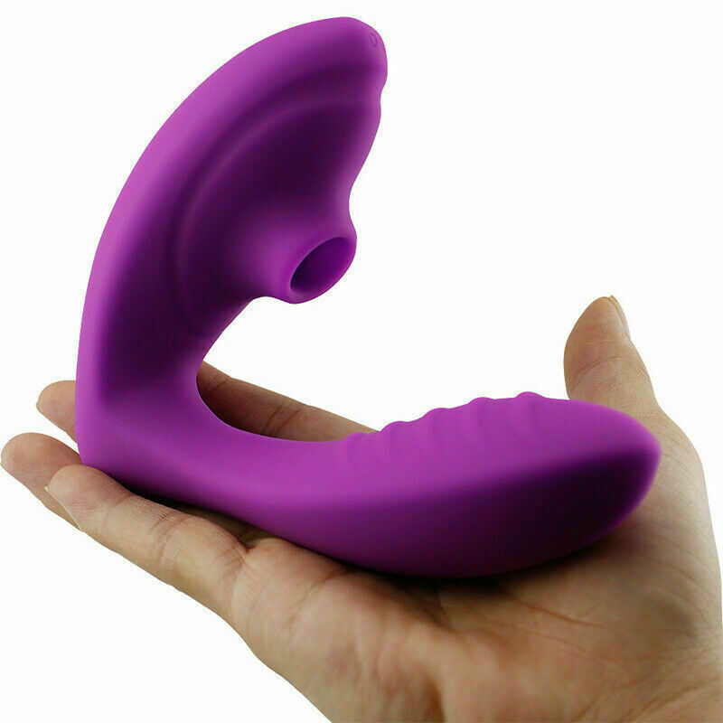 Double Ended Vibrator Curved G-Spot & Clitoral Sucking Vibrating Dildo Purple