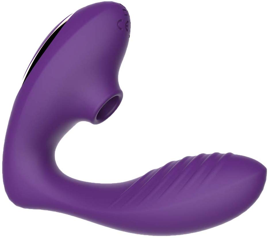 Double Ended Vibrator Curved G-Spot & Clitoral Sucking Vibrating Dildo Purple
