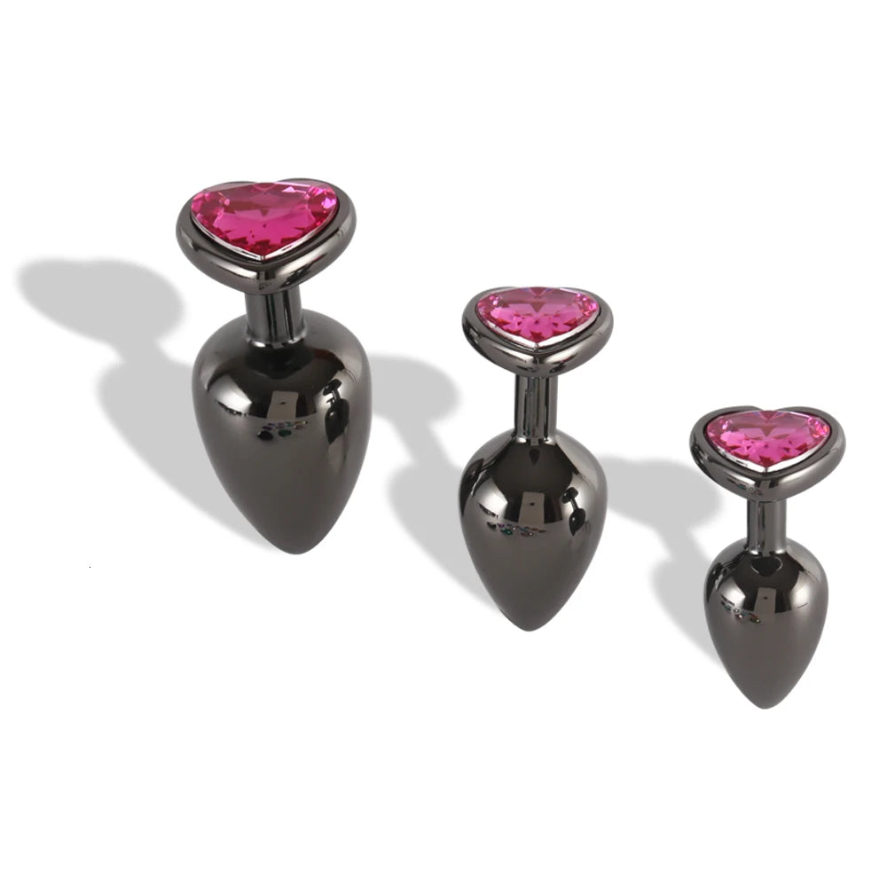 Smooth Metal Heart Shaped Stone Base Anal Dilatators (3 Piece)