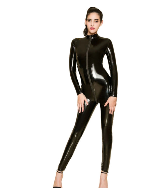 Black Front to Back Zip Leather Catsuit