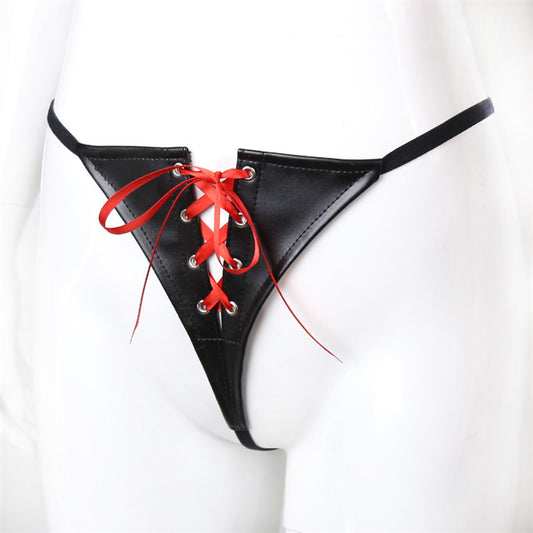 PU Leather Black and Red Ribbon Knickers